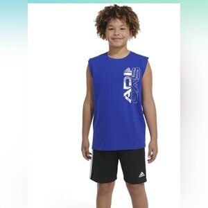 Adidas Youth Boys Crew Neck Tank Blue and Metallic Silver Sleeveless Top
